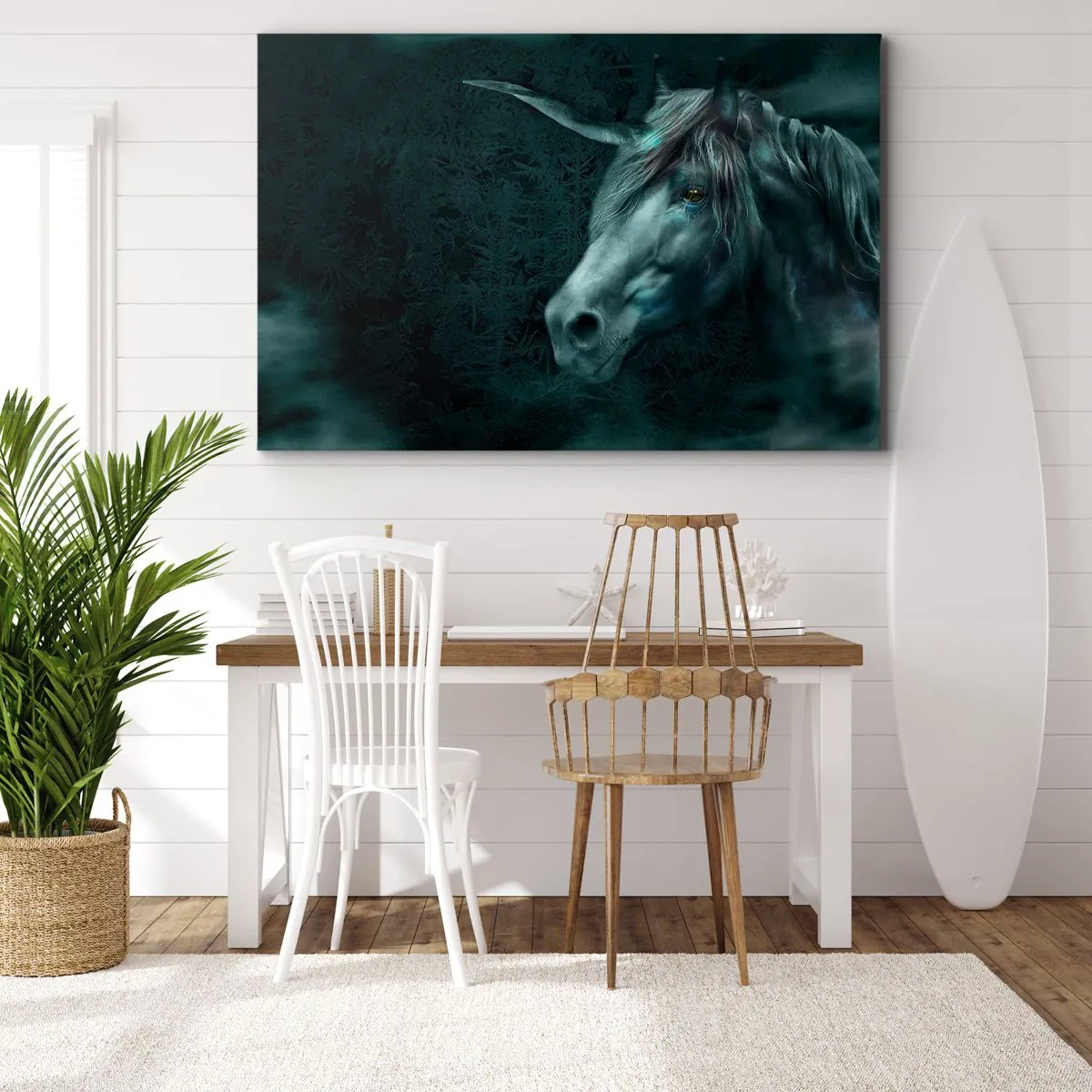 Impression sur toile - Image sur toile - Une licorne magique dans une forêt mystérieuse et sombre aux couleurs fantastiques. - 70x50cm - Dans une forêt de conte de fées - Décoration murale moderne pour le salon et la chambre ARTTOR