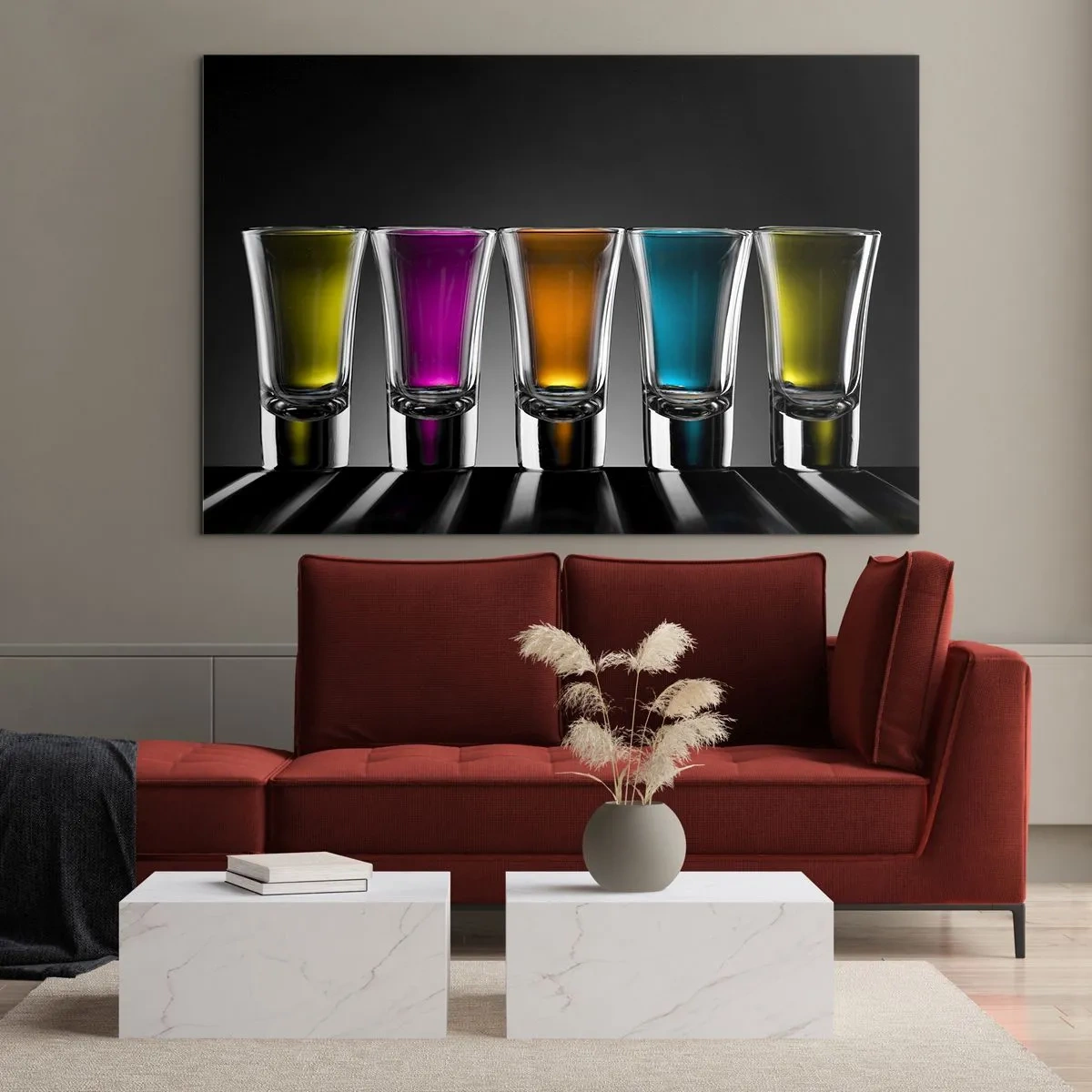 Impression sur verre - Image sur verre - Lunettes colorées sur fond noir dans un style minimaliste - 70x50cm - Les couleurs de la joie - Décoration murale moderne pour le salon et la chambre ARTTOR