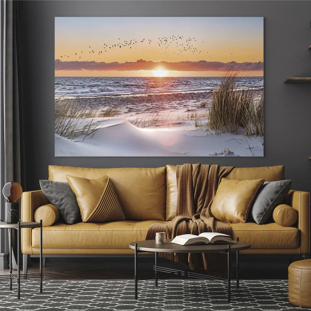 Impression sur verre - Image sur verre - Coucher de soleil sur la mer avec des oiseaux et des dunes de sable - 100x70cm - Paysage horizontal - Décoration murale moderne pour le salon et la chambre ARTTOR