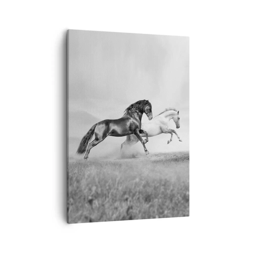 Impression sur toile - Image sur toile - Deux chevaux au galop dans une composition dynamique en noir et blanc - 50x70cm - Anges et démons - Décoration murale moderne pour le salon et la chambre ARTTOR