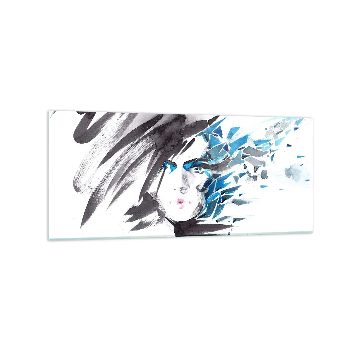 Impression sur verre - Image sur verre - Peinture faciale artistique à l'aquarelle avec des accents bleus - 120x50cm - Portrait sensuel en gris et bleu - Décoration murale moderne pour le salon et la chambre ARTTOR