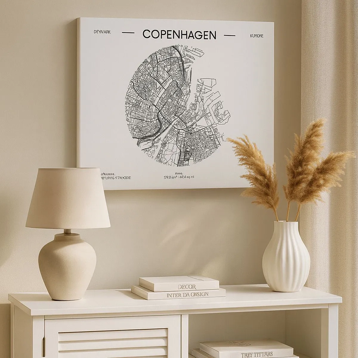 Impression sur toile - Image sur toile - Une carte de Copenhague dans un style minimaliste en noir et blanc. - 70x50cm - Anatomie de Copenhague - Décoration murale moderne pour le salon et la chambre ARTTOR