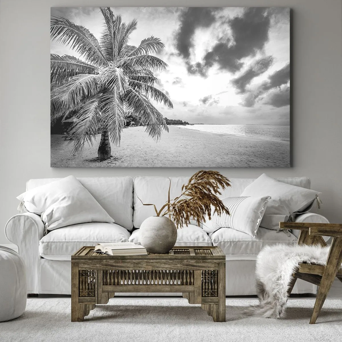 Impression sur toile - Image sur toile - Palmier noir et blanc sur une plage déserte avec des nuages - 100x70cm - Quand tu aspires à la solitude - Décoration murale moderne pour le salon et la chambre ARTTOR