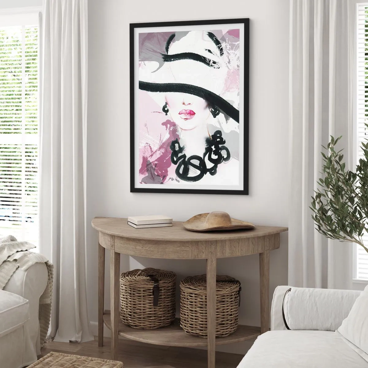 Affiche dans un cadre noir - Poster - Portrait d'une dame en noir et rose - 30x40 cm