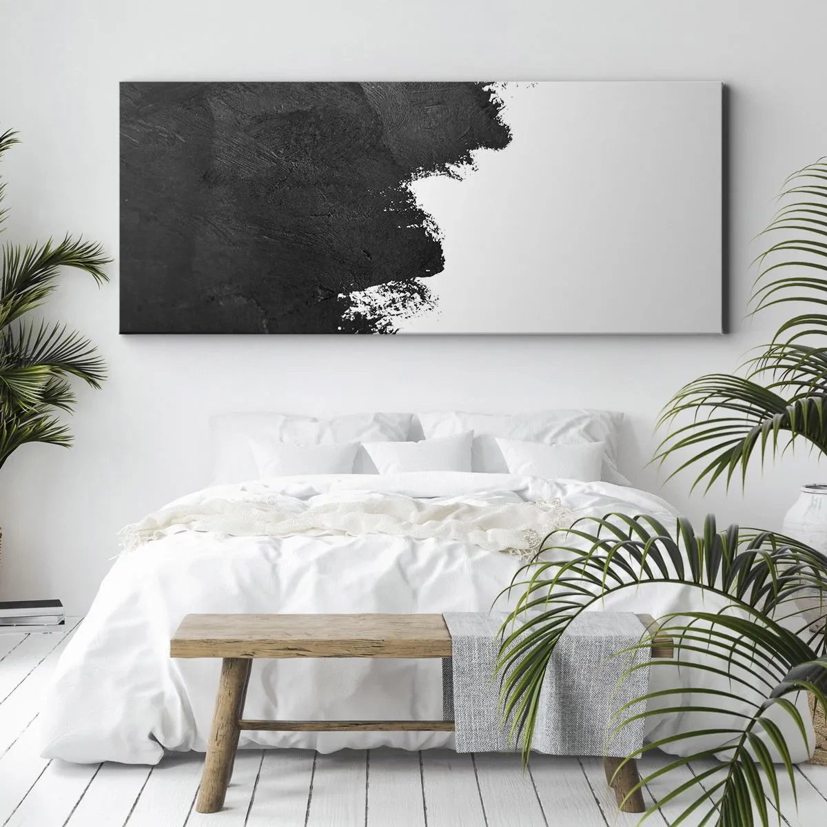 Impression sur toile - Image sur toile - Abstraction en noir et blanc avec des coups de pinceau contrastés - 120x50cm - Éléments : terre - Décoration murale moderne pour le salon et la chambre ARTTOR