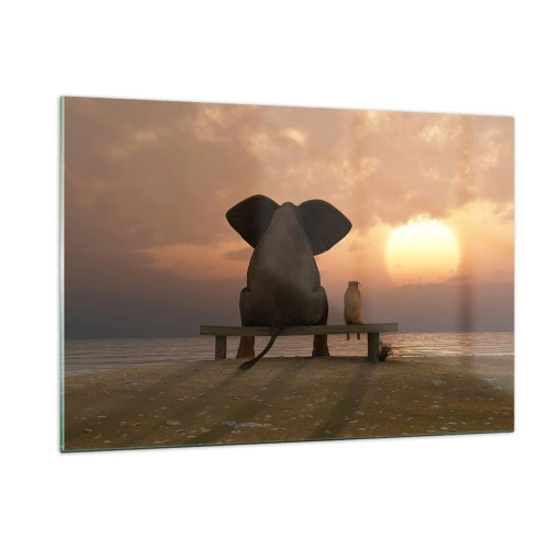 Impression sur verre - Image sur verre - Éléphant et chien sur un banc au coucher du soleil - 120x80cm - C'est bon de garder le silence ensemble - Décoration murale moderne pour le salon et la chambre ARTTOR