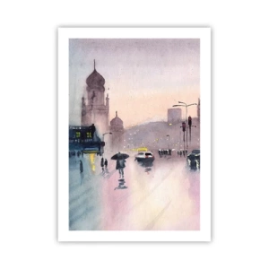 Affiche - Poster - Scène de ville avec des silhouettes de personnes et des lumières dans la brume de pluie - 50x70cm - Dans une brume pluvieuse - Décoration murale moderne pour le salon et la chambre ARTTOR