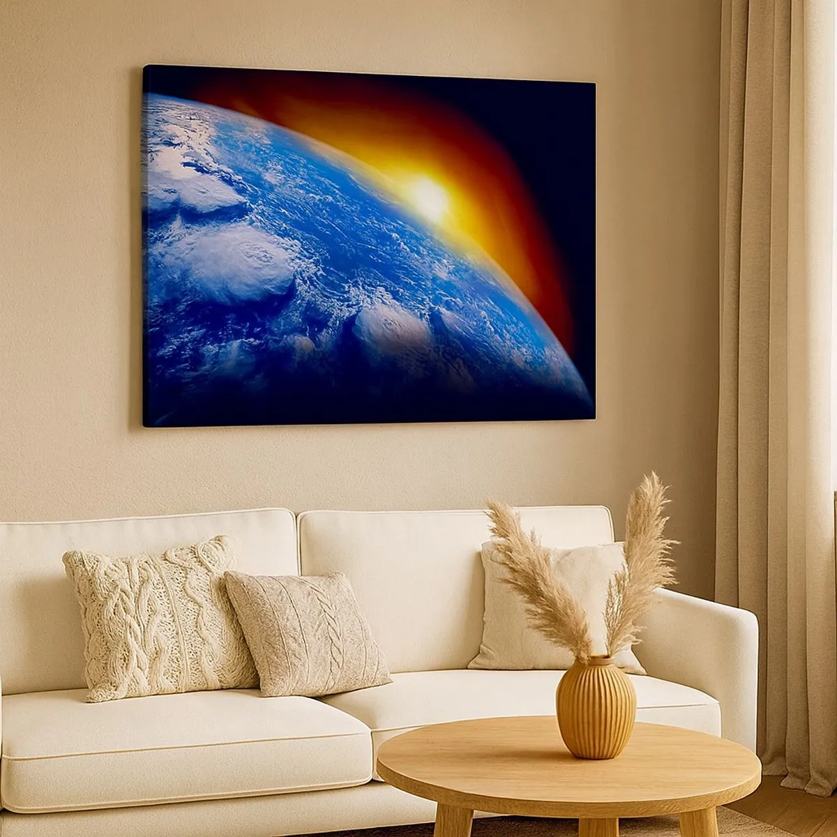 Impression sur toile - Image sur toile - Vue de la Terre depuis l'espace au coucher du soleil - 70x50cm - Lever de soleil sur la planète bleue - Décoration murale moderne pour le salon et la chambre ARTTOR