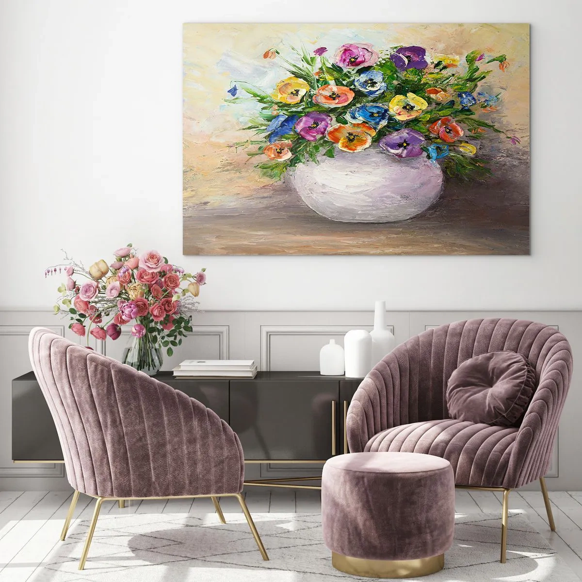 Impression sur verre - Image sur verre - Un bouquet de fleurs colorées dans un vase blanc - 100x70cm - Nature morte dans un vase blanc - Décoration murale moderne pour le salon et la chambre ARTTOR