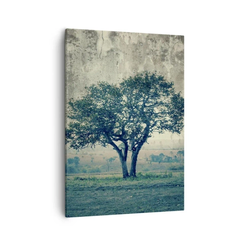 Impression sur toile - Image sur toile - Un arbre solitaire dans un paysage brumeux - 50x70cm - Un pommier sur un champ bleu ? - Décoration murale moderne pour le salon et la chambre ARTTOR