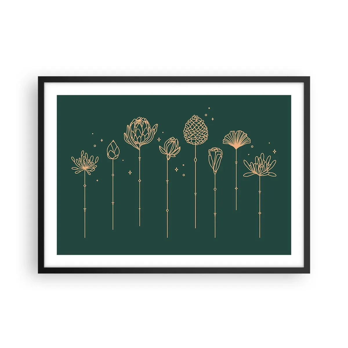 Affiche dans un cadre noir - Poster - Dessins dorés d'herbes sur fond vert foncé - 70x50cm - La famille Plante - Décoration murale moderne pour le salon et la chambre ARTTOR