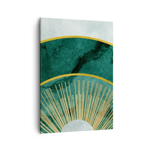Impression sur toile - Image sur toile - Motif abstrait avec des cercles aux couleurs émeraude et or. - 50x70cm - Un autre système solaire - Décoration murale moderne pour le salon et la chambre ARTTOR