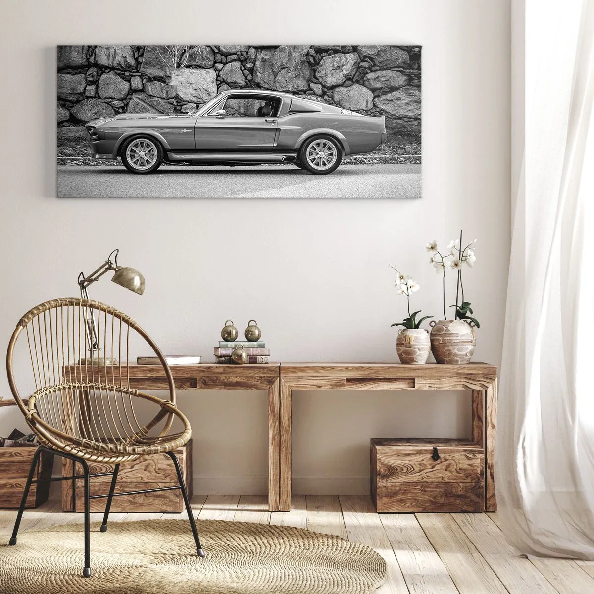 Impression sur toile - Image sur toile - Photo en noir et blanc d'une voiture classique - 160x50cm - Légende des années 60 - Décoration murale moderne pour le salon et la chambre ARTTOR