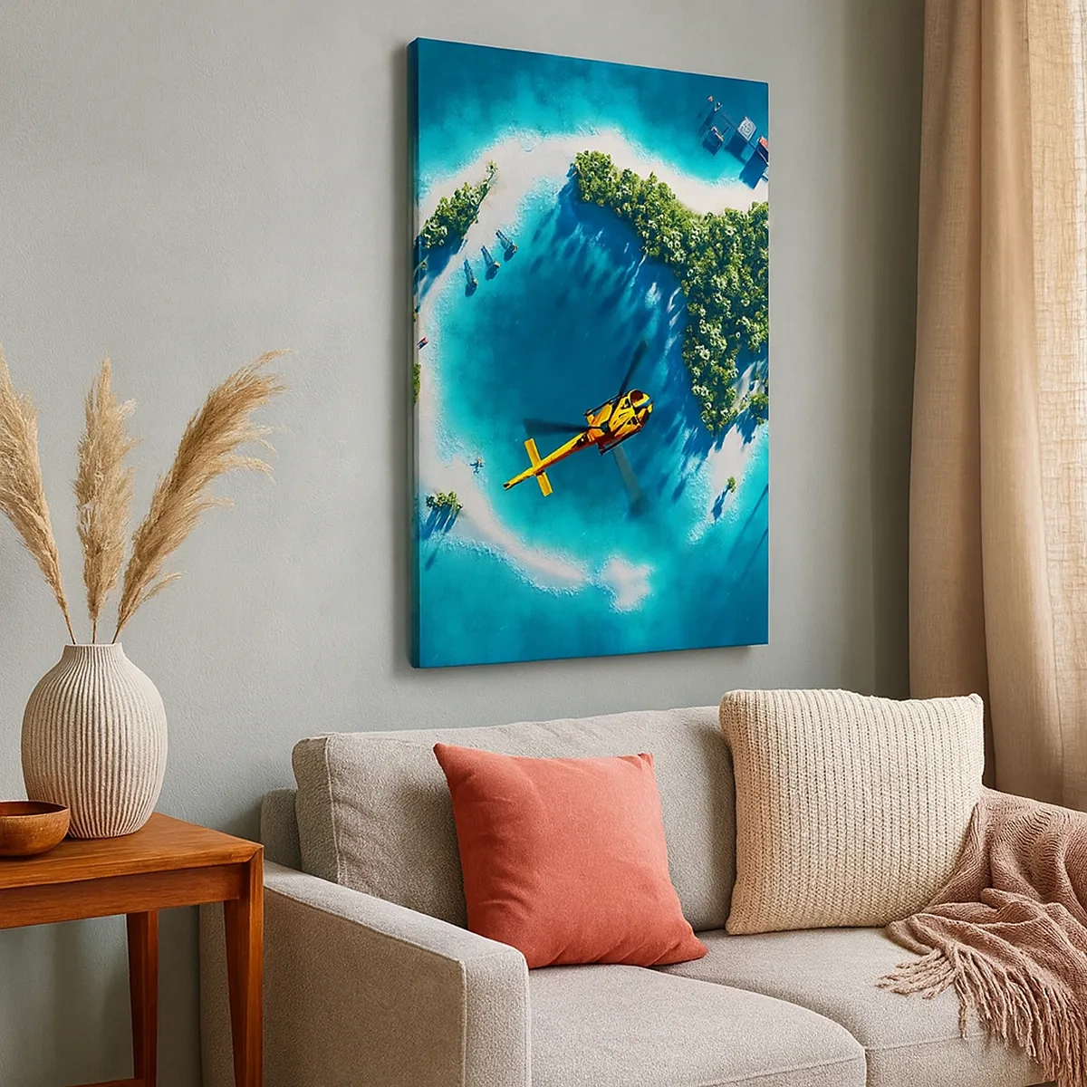 Impression sur toile - Image sur toile - Une île tropicale entourée d'eau turquoise avec un hélicoptère en vue - 50x70cm - Achetez-vous une île - Décoration murale moderne pour le salon et la chambre ARTTOR