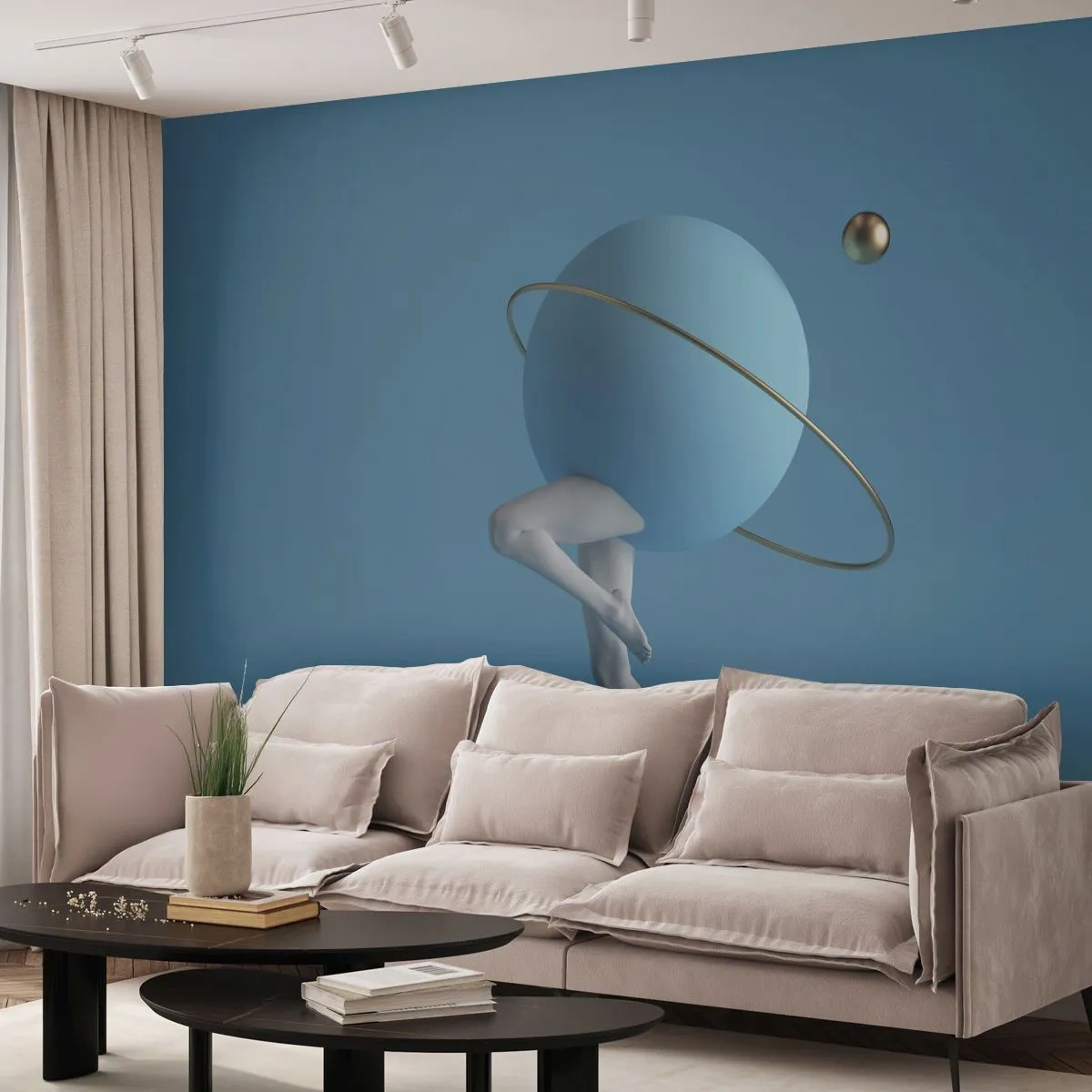 Papier Peint Photo Premium Sand - Une figure avec une planète au lieu d'une tête sur un fond bleu - 100x70cm - Et les planètes deviennent folles - Décoration murale moderne pour le salon et la chambre ARTTOR