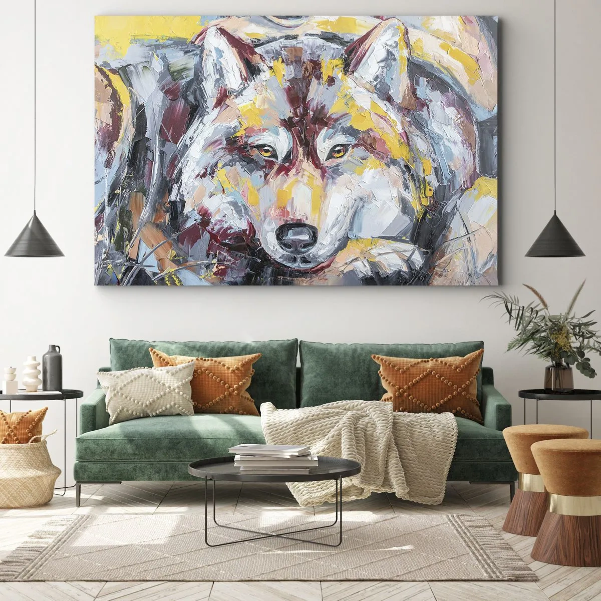 Impression sur toile - Image sur toile - Portrait artistique d'un loup aux couleurs intenses - 120x80cm - En paix au milieu des siens - Décoration murale moderne pour le salon et la chambre ARTTOR