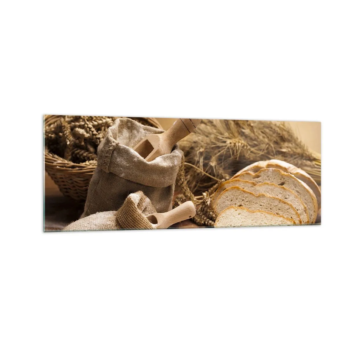 Impression sur verre - Image sur verre - Un paysage avec du pain, de la farine et des épis de blé dans un style rustique. - 140x50cm - Comment il coupe avec un couteau - Décoration murale moderne pour le salon et la chambre ARTTOR
