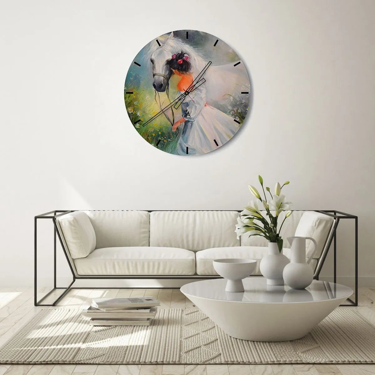 Horloge murale - Pendule murale - Une femme en robe blanche avec un cheval blanc dans un pré - 30x30cm - Comme dans un beau rêve - Décoration murale moderne pour le salon, la cuisine et la chambre ARTTOR