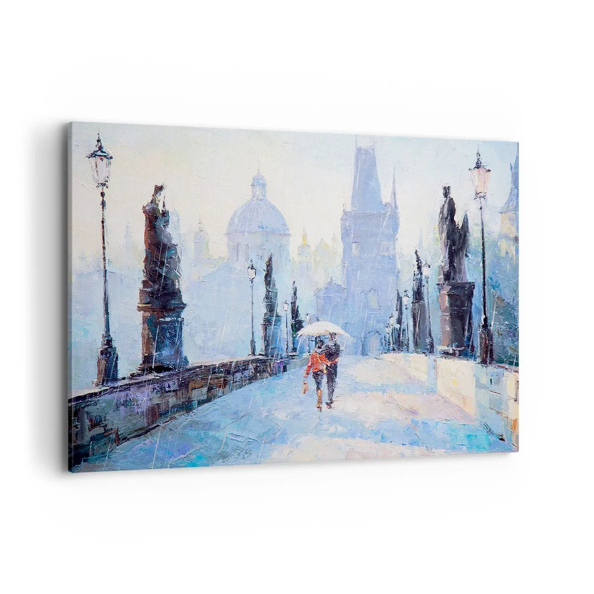 Impression sur toile - Image sur toile - Couple romantique sur un pont sous la pluie, une scène picturale - 120x80cm - La pluie a dû nous charmer - Décoration murale moderne pour le salon et la chambre ARTTOR
