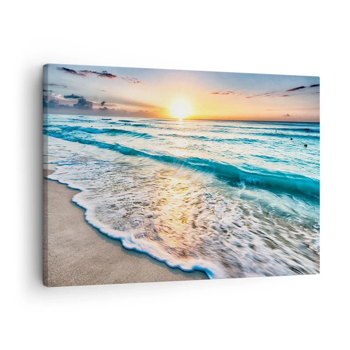Impression sur toile - Image sur toile - Lever de soleil sur une plage tranquille avec des vagues - 70x50cm - Une vue qui en vaut la peine - Décoration murale moderne pour le salon et la chambre ARTTOR