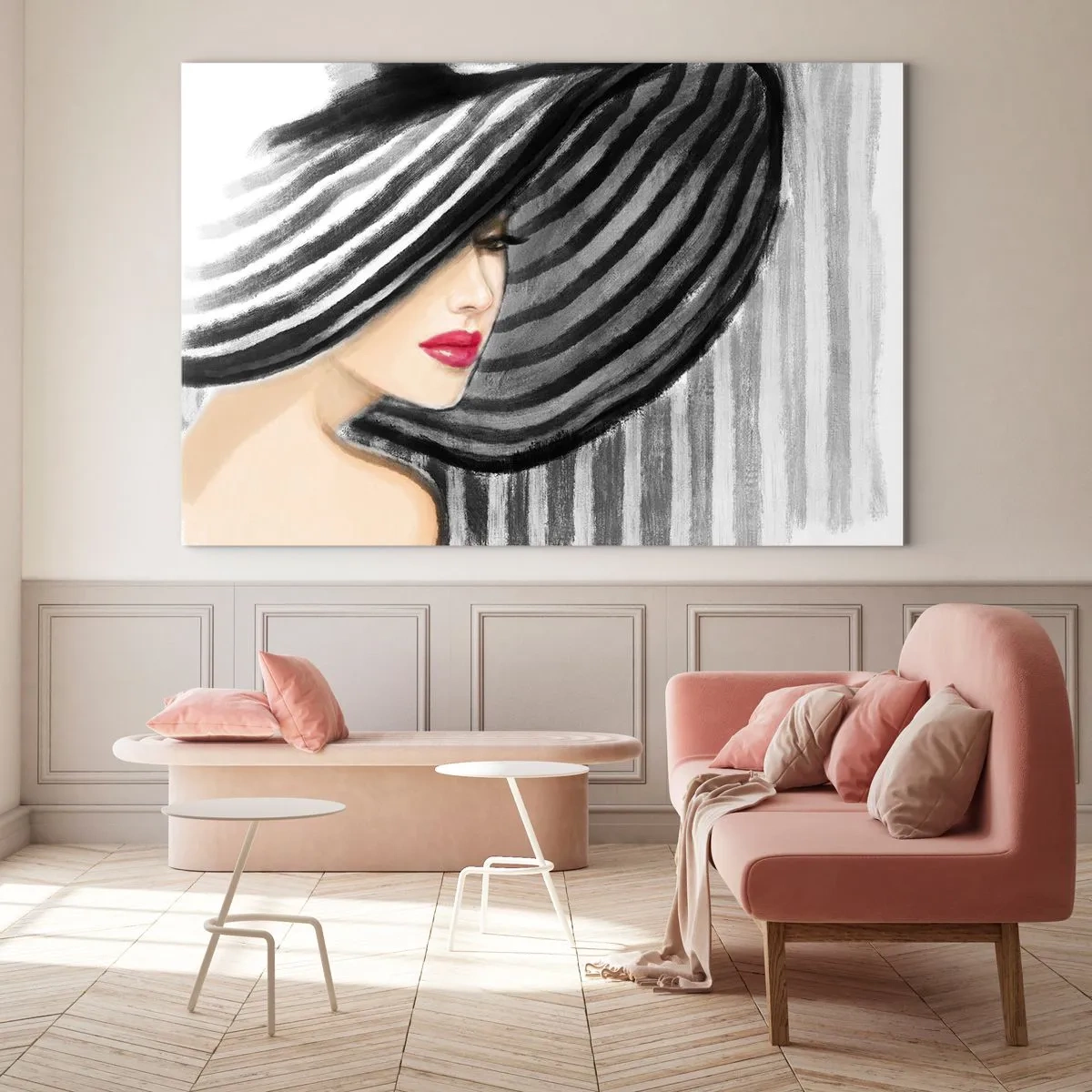 Impression sur verre - Image sur verre - Femme élégante portant un chapeau rayé noir et blanc - 70x50cm - Où te chercher ? - Décoration murale moderne pour le salon et la chambre ARTTOR