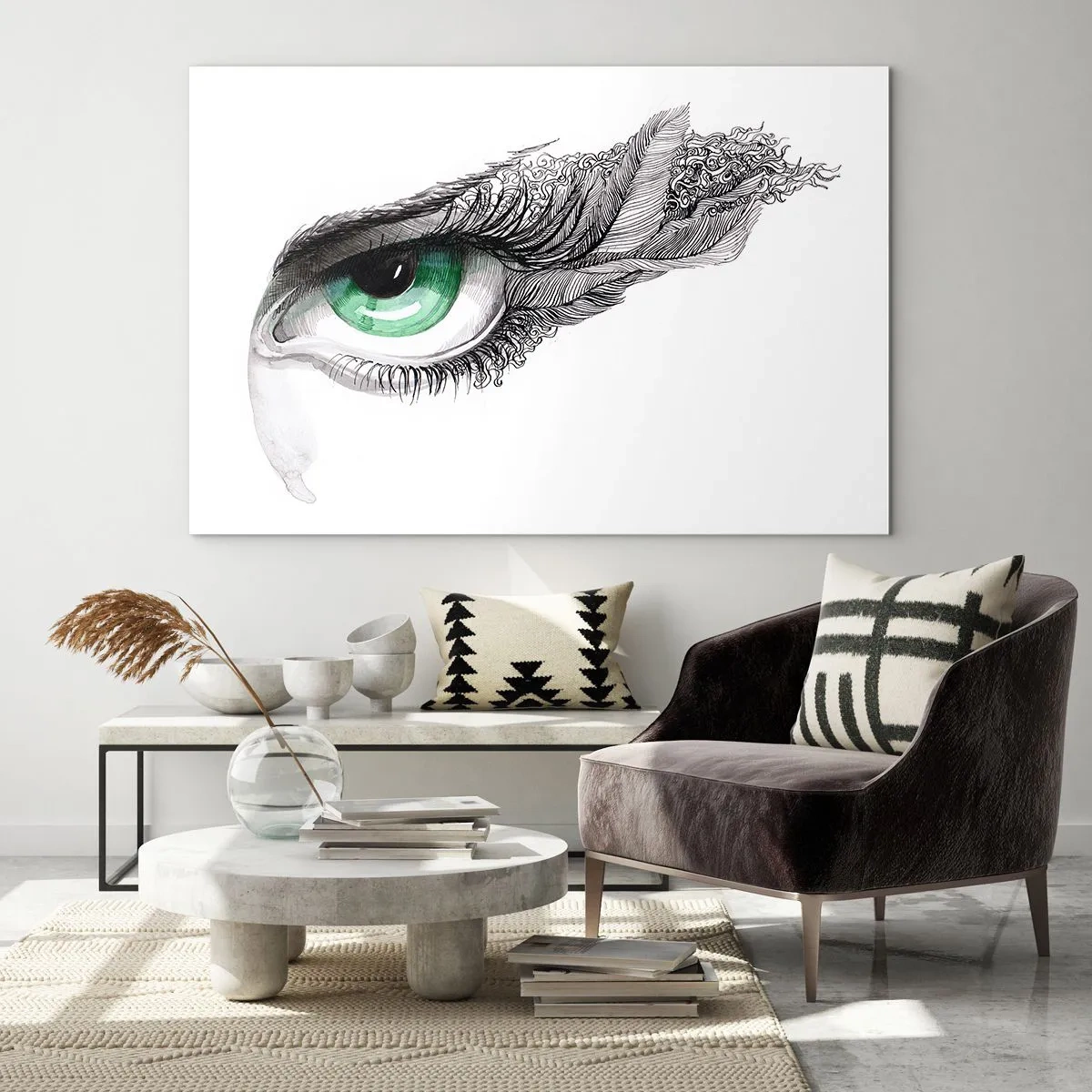 Impression sur verre - Image sur verre - Oeil vert avec détails de plumes et motifs abstraits - 70x50cm - Belle et prête à l'attaque - Décoration murale moderne pour le salon et la chambre ARTTOR
