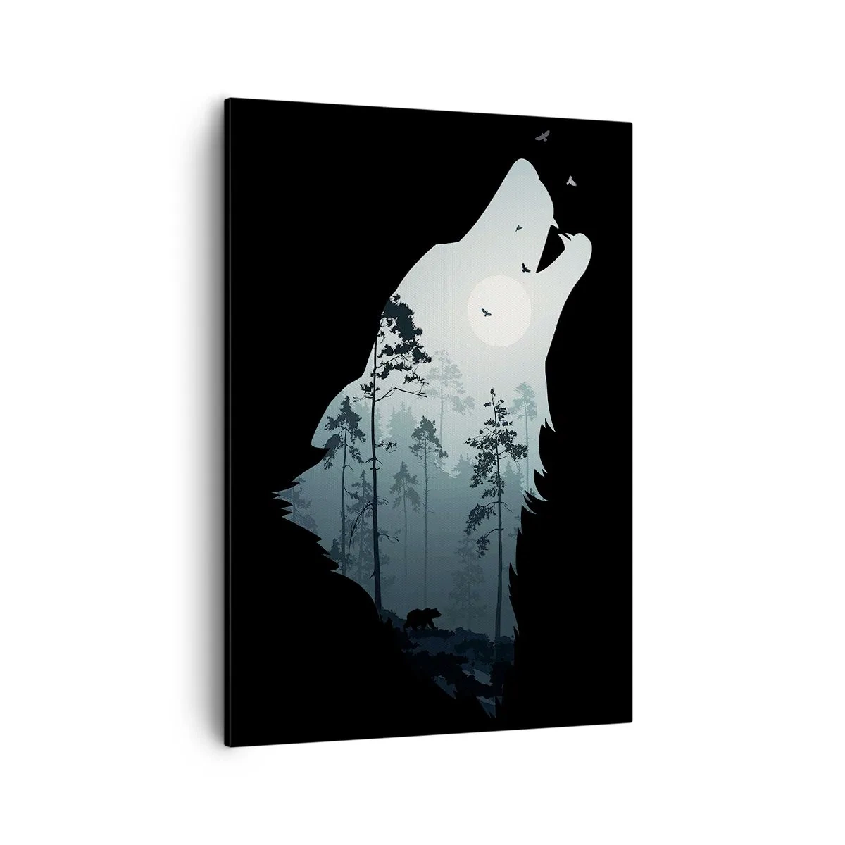Impression sur toile - Image sur toile - Silhouette d'un loup avec une forêt et la lune en arrière-plan - 50x70cm - La voix de nuit de la forêt - Décoration murale moderne pour le salon et la chambre ARTTOR
