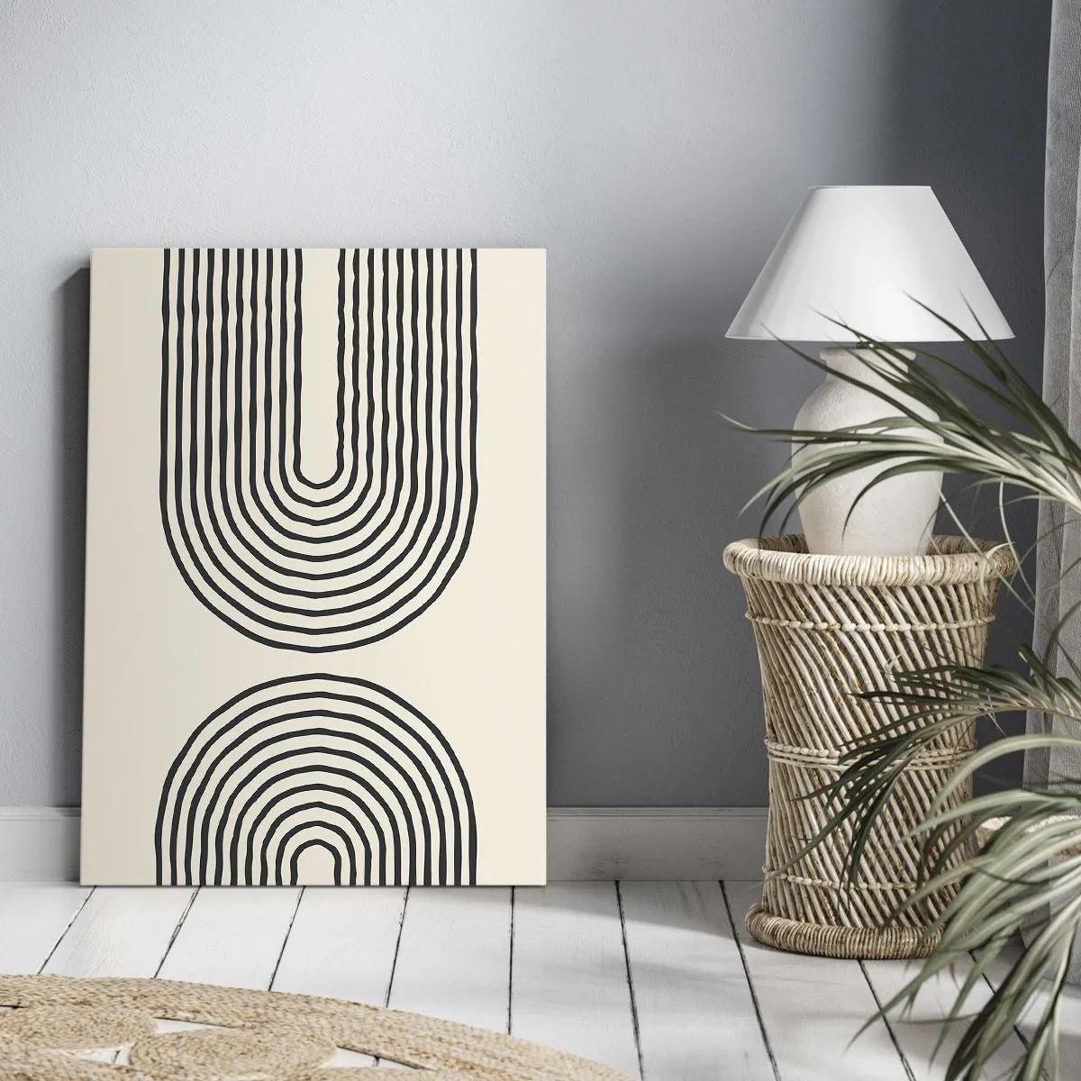 Impression sur toile - Image sur toile - Motif géométrique abstrait avec des lignes symétriques sur un fond clair - 80x120cm - Dans un instant... - Décoration murale moderne pour le salon et la chambre ARTTOR