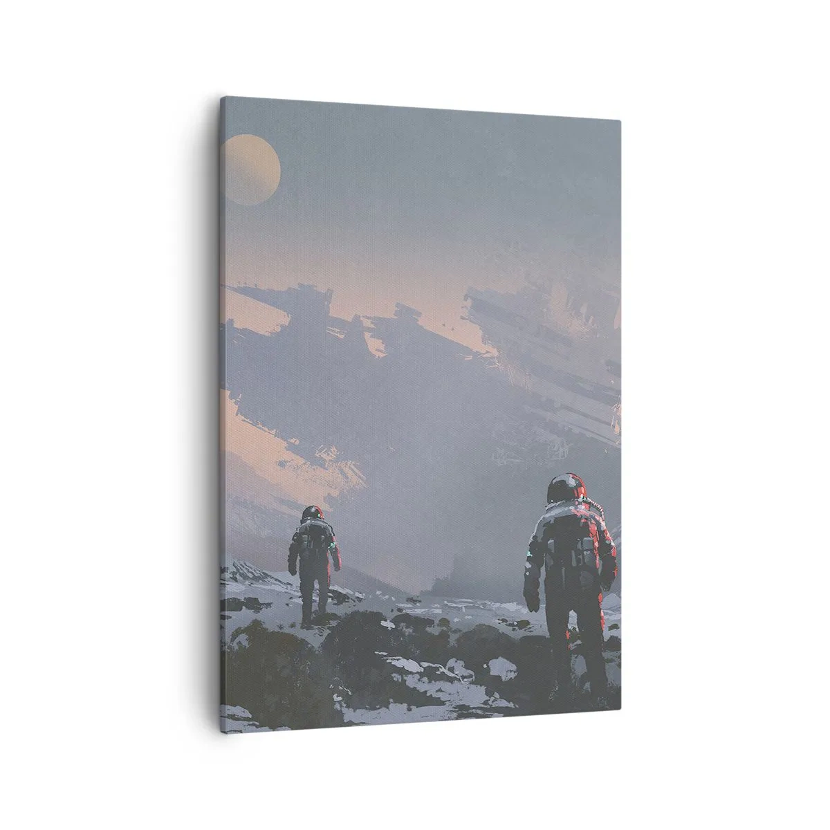 Impression sur toile - Image sur toile - Des astronautes sur une planète extraterrestre avec une épave de vaisseau spatial - 50x70cm - Sous une étoile inconnue - Décoration murale moderne pour le salon et la chambre ARTTOR