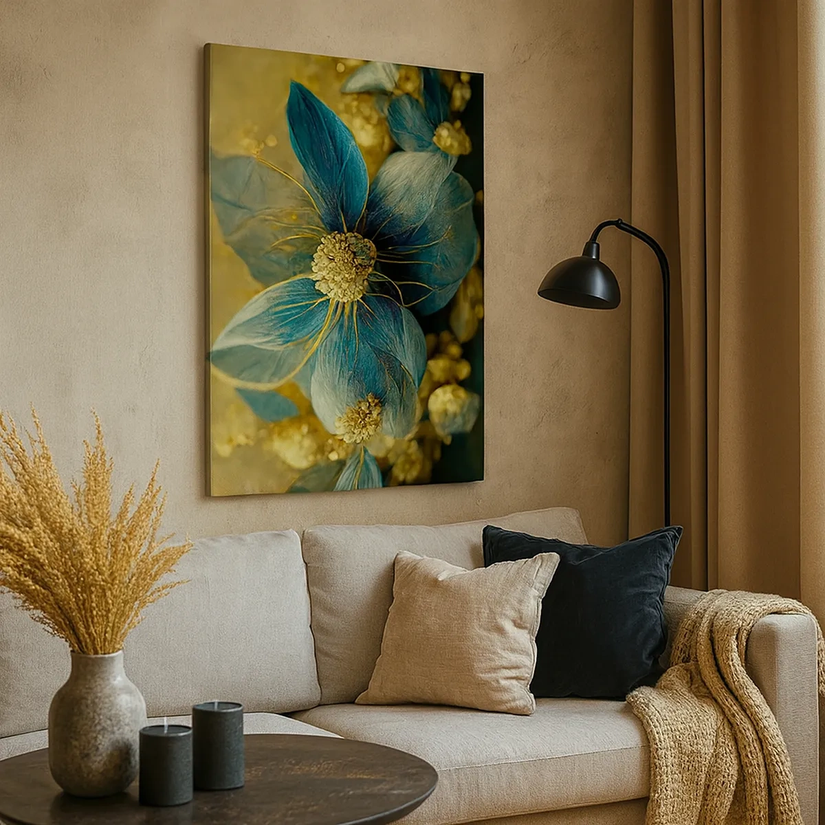 Impression sur toile - Image sur toile - Fleurs élégantes dans des tons de bleu et d'or - 50x70cm - Fleurir avec de l'or - Décoration murale moderne pour le salon et la chambre ARTTOR