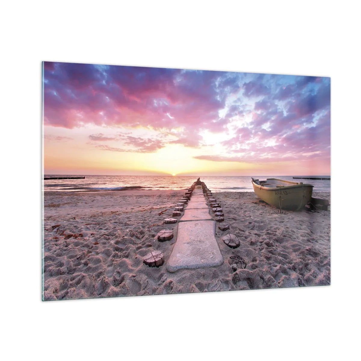 Impression sur verre - Image sur verre - Plage au coucher du soleil avec bateau et jetée - 100x70cm - Moment d'expérience profonde - Décoration murale moderne pour le salon et la chambre ARTTOR