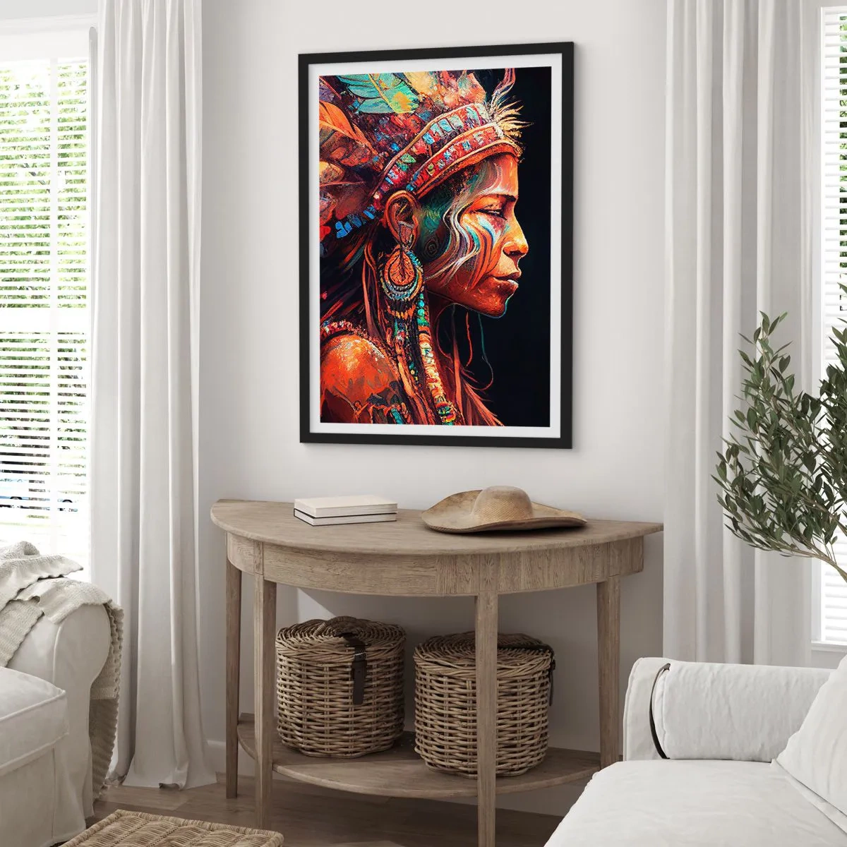 Affiche dans un cadre noir - Poster - Portrait d'une femme portant une coiffe traditionnelle en plumes - 50x70cm - Rituel magique - Décoration murale moderne pour le salon et la chambre ARTTOR