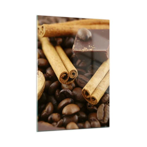 Impression sur verre - Image sur verre - Gros plan sur le café, la cannelle, le chocolat et les noix - 50x70cm - Concert d'aromates - Décoration murale moderne pour le salon et la chambre ARTTOR