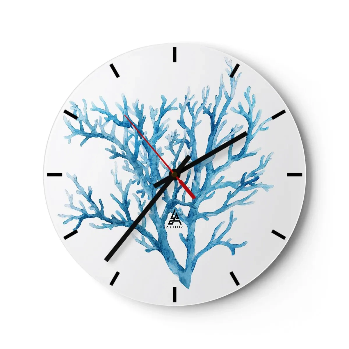 Horloge murale - Pendule murale - Illustration de corail bleu sur fond blanc - 30x30cm - Filigrane nautique - Décoration murale moderne pour le salon, la cuisine et la chambre ARTTOR