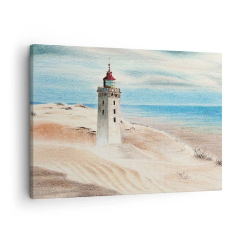 Impression sur toile - Image sur toile - Un phare entouré de dunes de sable et d'un ciel bleu - 70x50cm - Toujours regarder la mer - Décoration murale moderne pour le salon et la chambre ARTTOR