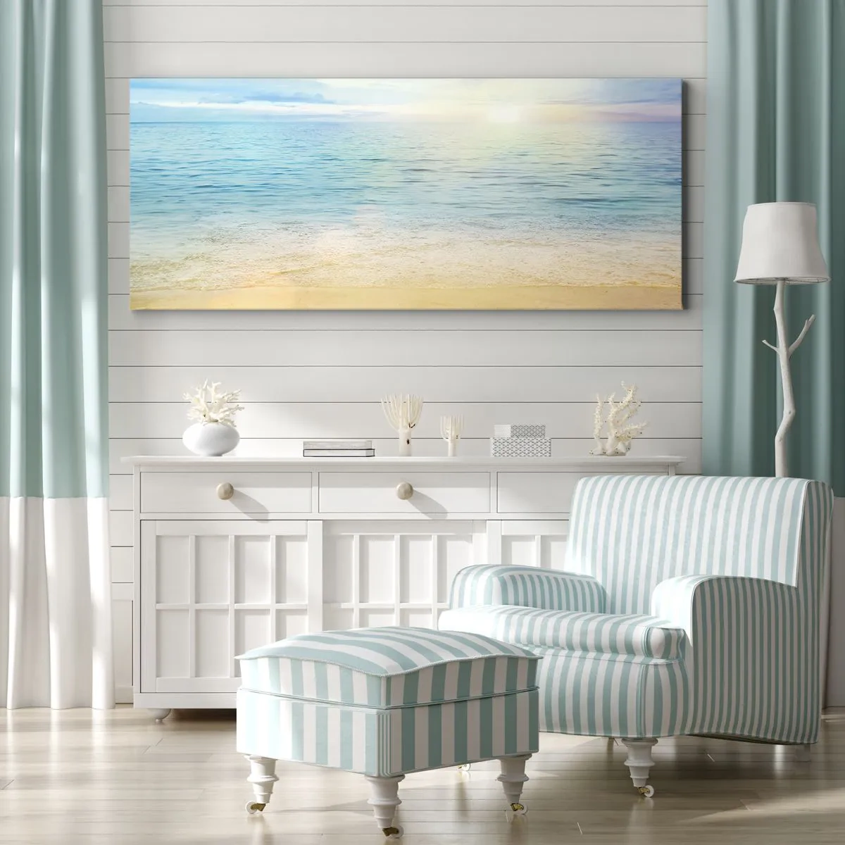 Impression sur toile - Image sur toile - Une plage avec une mer turquoise et un ciel clair - 140x50cm - Le grand bleu - Décoration murale moderne pour le salon et la chambre ARTTOR