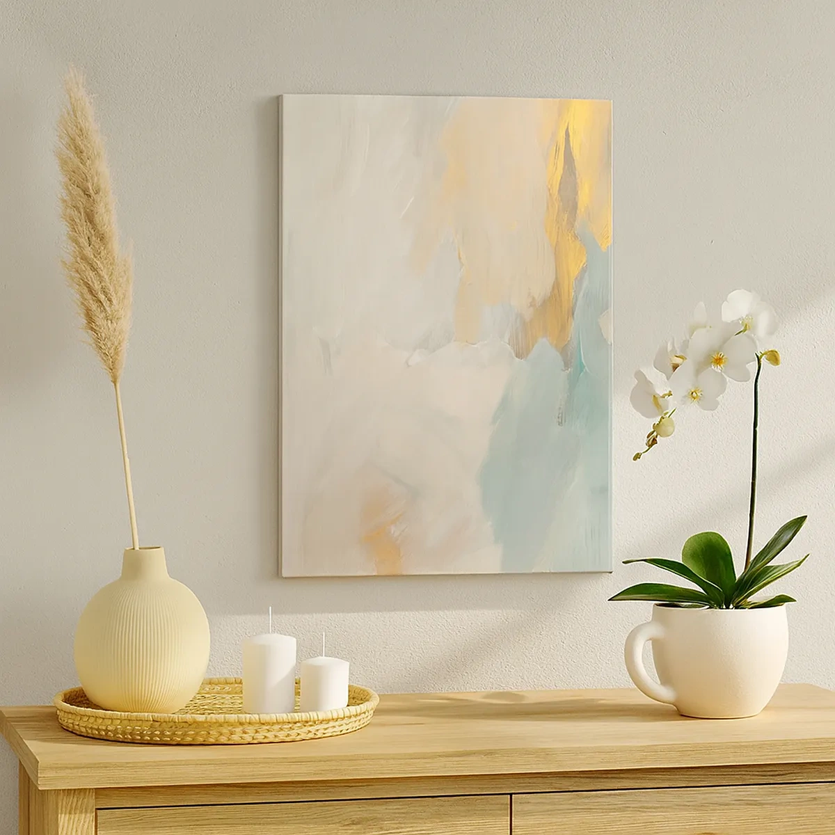 Impression sur toile - Image sur toile - Traits abstraits délicats dans des tons de blanc et d'or - 50x70cm - Abstraction – le pays de la douceur - Décoration murale moderne pour le salon et la chambre ARTTOR