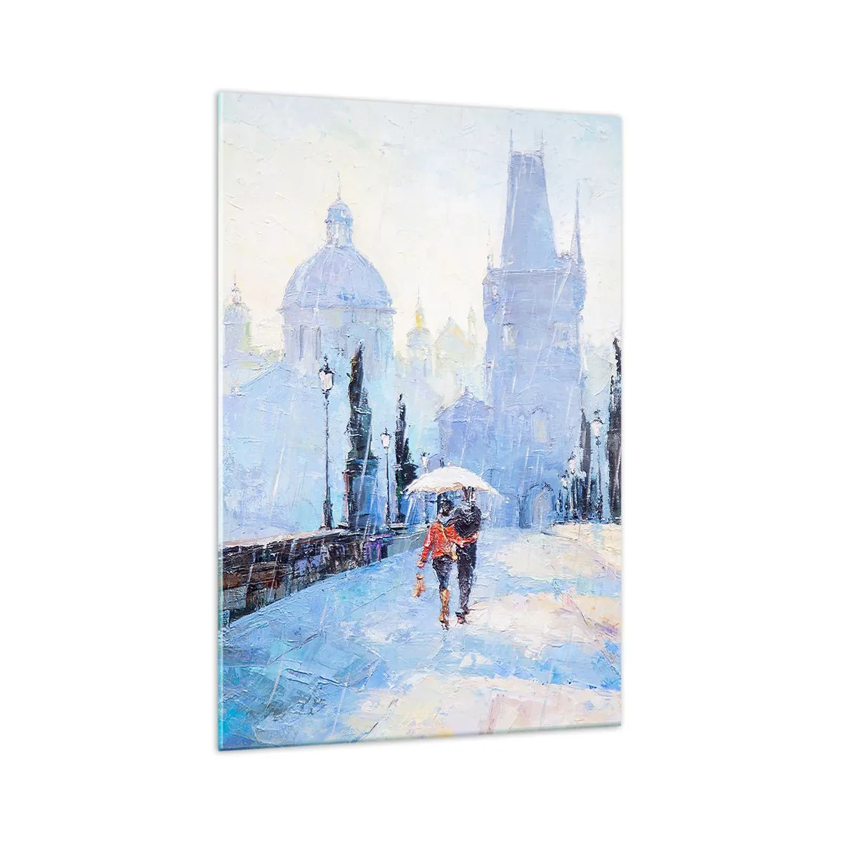 Impression sur verre - Image sur verre - Couple romantique sur un pont sous la pluie, une scène picturale - 70x100cm - La pluie a dû nous charmer - Décoration murale moderne pour le salon et la chambre ARTTOR
