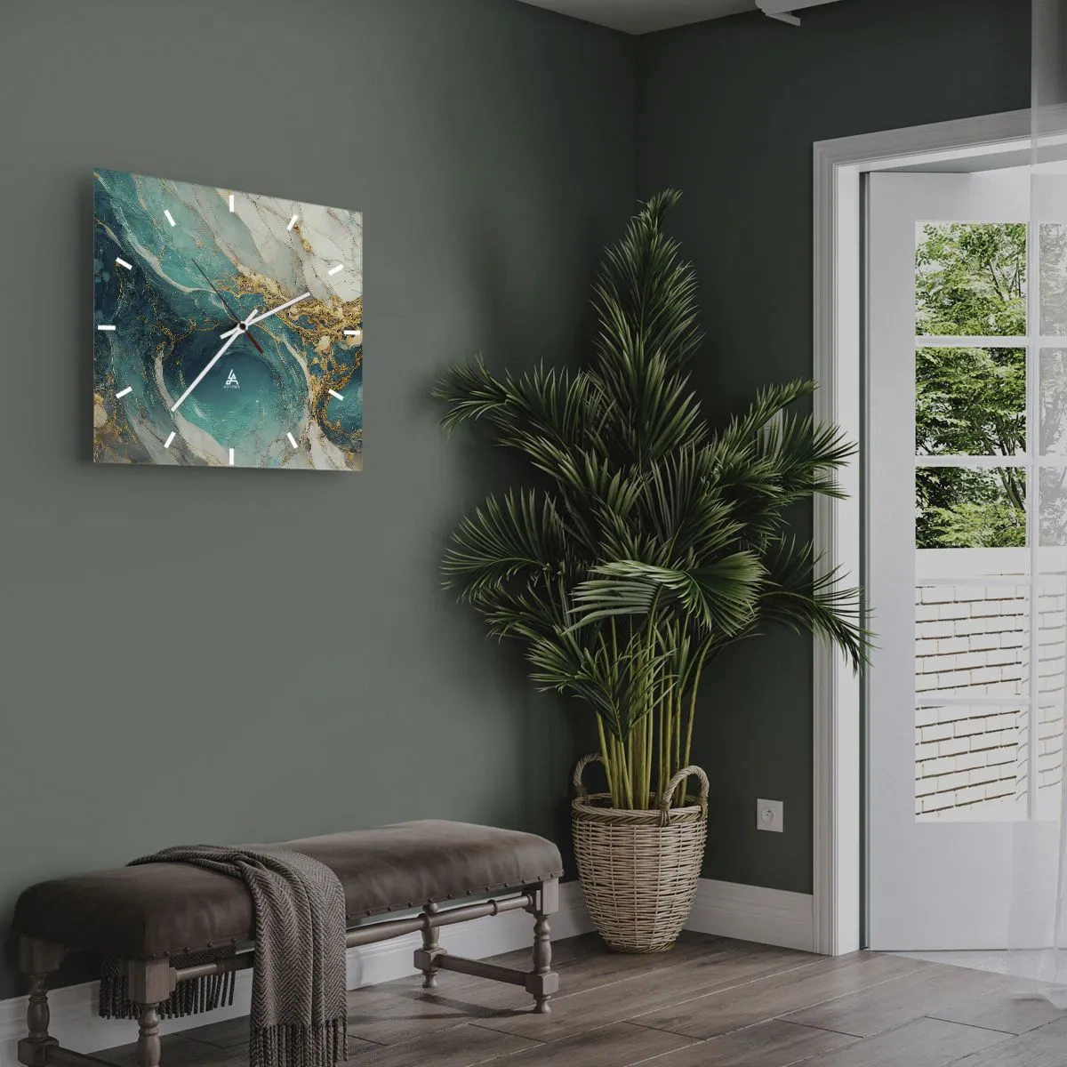 Horloge murale - Pendule murale - Une composition abstraite dans des tons turquoise et or. - 30x30cm - Composition en veines d'or - Décoration murale moderne pour le salon et la chambre ARTTOR
