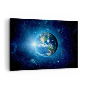 Impression sur toile - Image sur toile - La Terre dans l'espace entourée d'étoiles et de lumière - 100x70cm - Nous sommes au paradis - Décoration murale moderne pour le salon et la chambre ARTTOR