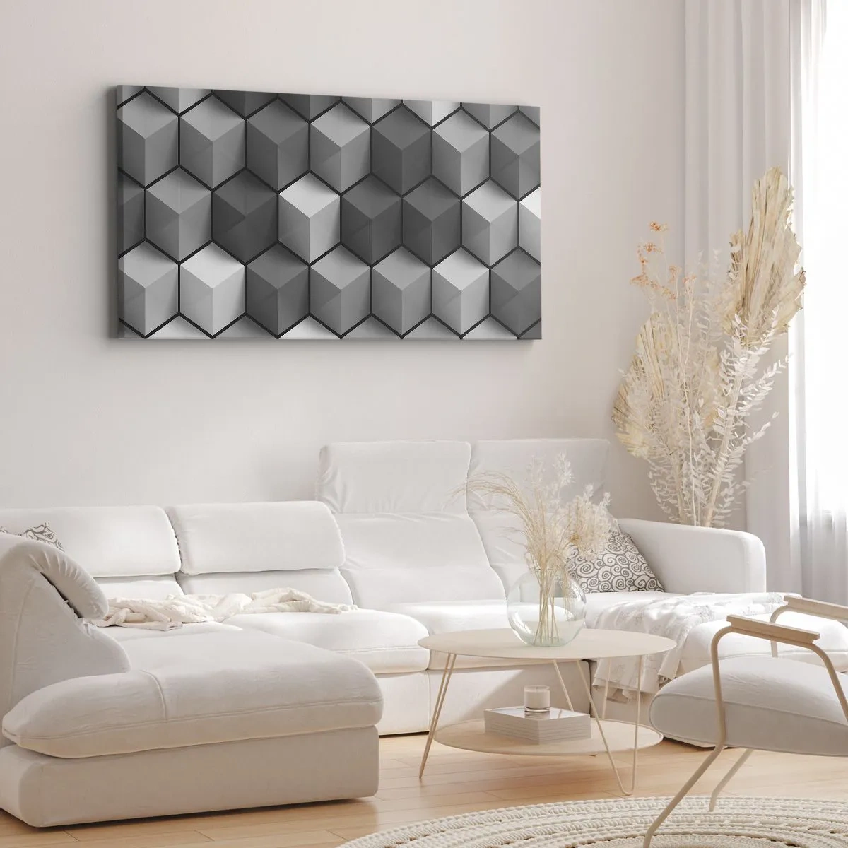 Impression sur toile - Image sur toile - Composition géométrique de cubes dans les tons de gris et de noir - 120x50cm - Puzzle cubiste - Décoration murale moderne pour le salon et la chambre ARTTOR
