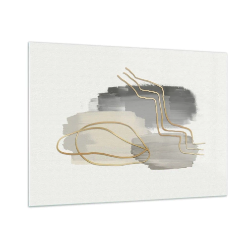 Impression sur verre - Image sur verre - Abstraction avec des taches grises et des lignes dorées sur un fond clair - 100x70cm - Durée et mouvement - Décoration murale moderne pour le salon et la chambre ARTTOR