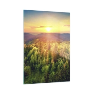 Impression sur verre - Image sur verre - Coucher de soleil sur une forêt de montagne avec vue sur les vallées - 50x70cm - Monts et sommets - Décoration murale moderne pour le salon et la chambre ARTTOR