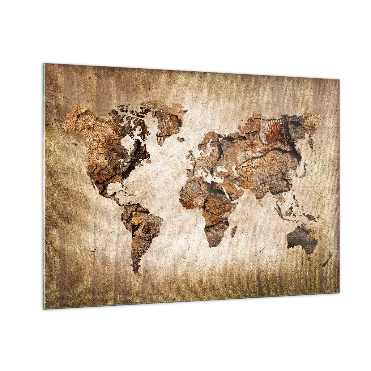 Impression sur verre - Image sur verre - Une carte du monde aux tons bruns imitant le bois - 100x70cm - Découverte du monde - Décoration murale moderne pour le salon et la chambre ARTTOR