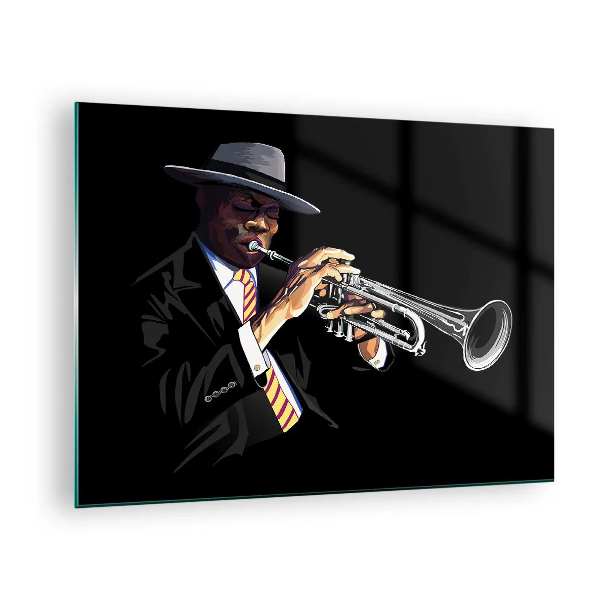 Impression sur verre - Image sur verre - Un musicien noir avec une trompette et un chapeau sur fond noir - 70x50cm - Le charme de la vieille école - Décoration murale moderne pour le salon et la chambre ARTTOR