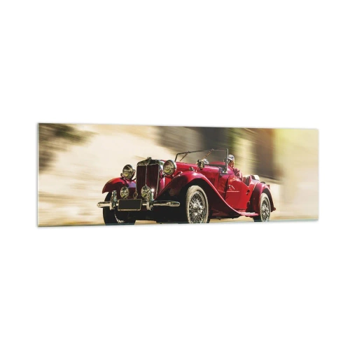 Impression sur verre - Image sur verre - Voiture classique rouge en mouvement dans une rue ensoleillée - 160x50cm - Plus belle que Nike de Samothrace - Décoration murale moderne pour le salon et la chambre ARTTOR