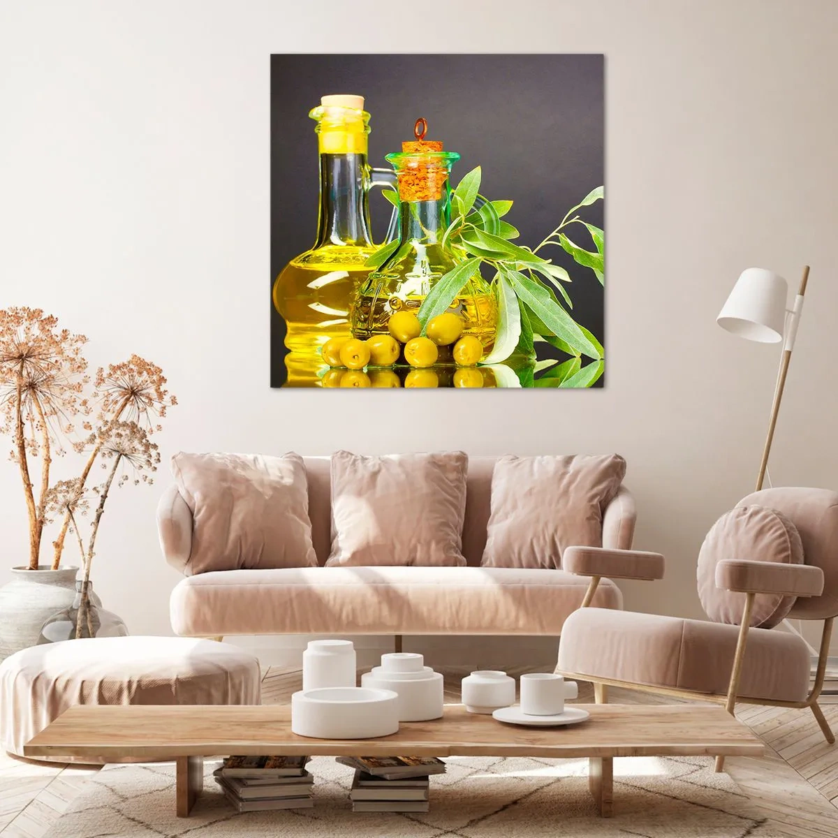 Impression sur toile - Image sur toile - Nature morte aux olives et à l'huile d'olive - 30x30 cm