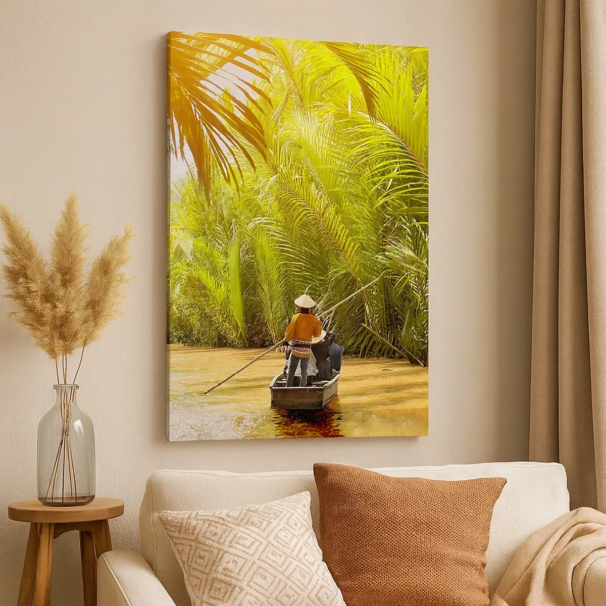 Impression sur toile - Image sur toile - Un bateau sur une rivière entourée de végétation tropicale - 50x70cm - Ravin de palmier - Décoration murale moderne pour le salon et la chambre ARTTOR