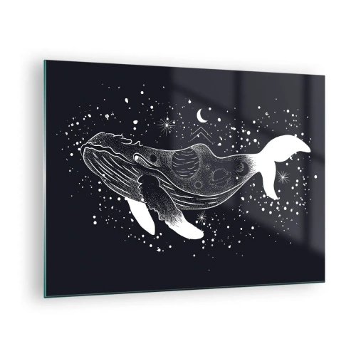 Impression sur verre - Image sur verre - Silhouette blanche graphique d'une baleine flottant dans l'espace - 70x50cm - Dans l'océan de l'univers - Décoration murale moderne pour le salon et la chambre ARTTOR