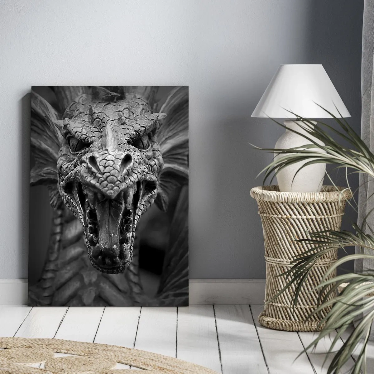 Impression sur toile - Image sur toile - Une tête de dragon menaçante en noir et blanc avec des détails expressifs. - 80x120cm - Un dragon imaginaire grisâtre - Décoration murale moderne pour le salon et la chambre ARTTOR